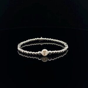 925 Sterling Silver Beaded Stretch Stacking Bracelet MOP Letter Initial F